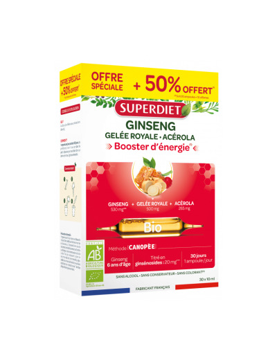 Ginseng Acérola Gelée Royale Bio 20 ampoules +50% gratuit