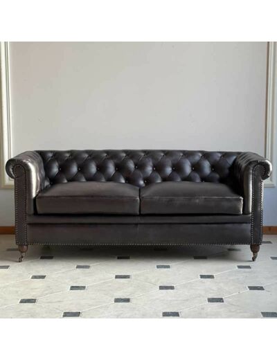 Canapé chesterfield cuir noir 3 places 190x77x80cm