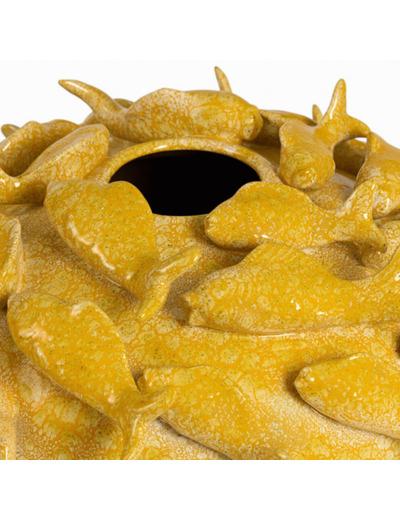 Vase Sculpture Banc de Poissons en Céramique Jaune 40x27cm