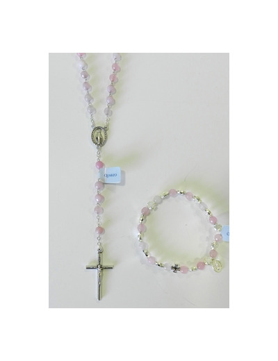 Coffret Chapelet +bracelet-dizainier argenté- QUARTZ ROSE