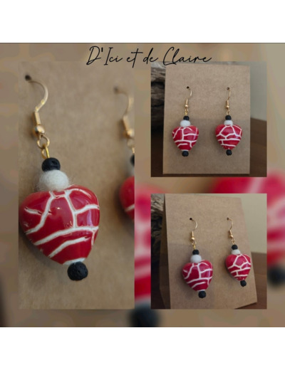 Boucles d'oreilles cœur rouge en céramique et perle en cachemire de Touraine