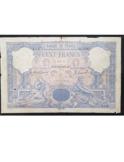 FRANCE 100 FRANCS BLEU ET ROSE 17-12-1907 O.5093 TB F 21/22