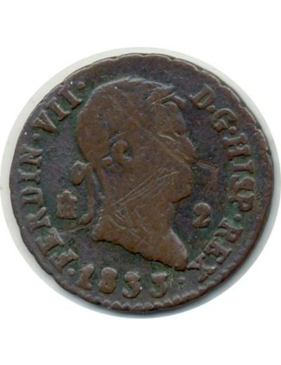 ESPAGNE 2 MARAVEDIS 1833 SEGOVIE FERDINAND VII TB+ (W487.1)