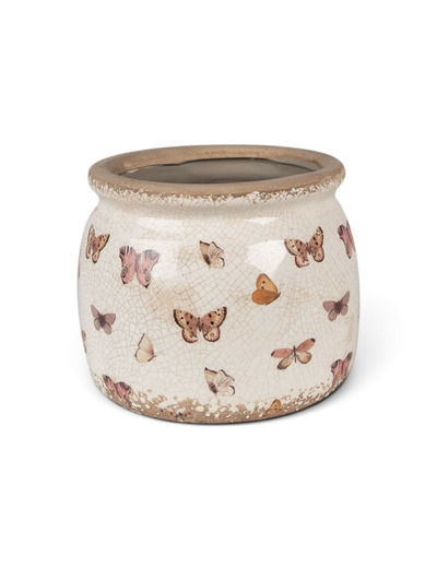 Pot de fleurs d'intérieur beige à papillons 16x13cm