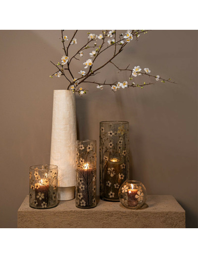 Photophore verre motifs fleurs Gresa blanc 10x10x33cm