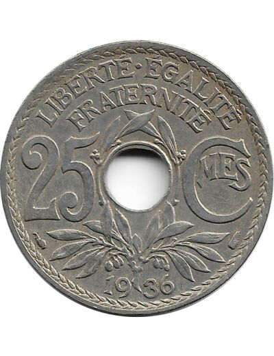 FRANCE 25 CENTIMES LINDAUER 1936 TTB