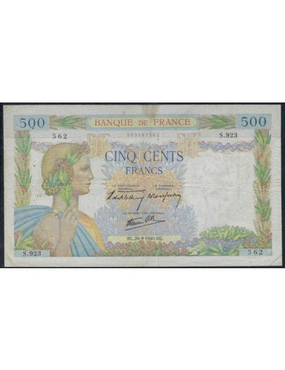 FRANCE 500 FRANCS LA PAIX 26-9-1940 S.923 TB+