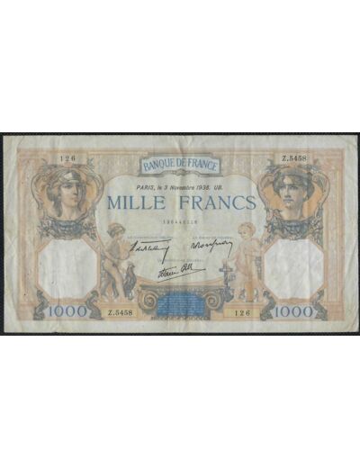 FRANCE 1000 FRANCS CERES ET MERCURE 3 NOVEMBRE 1938 Z.5458 TTB