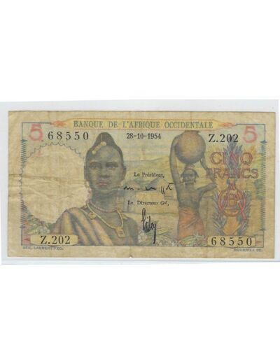 B.A.O. BANQUE DE L'AFRIQUE OCCIDENTALE 5 FRANCS 28-10-1954 SERIE Z 202 TB