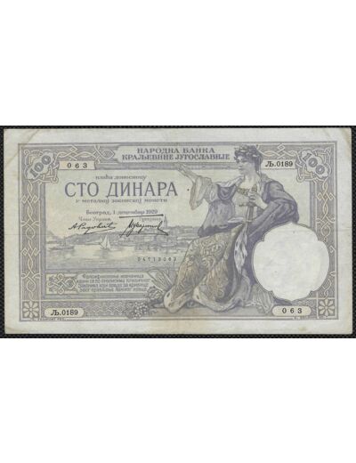 YOUGOSLAVIE 100 DINARA 1-12-1929 SERIE JB.0189 TTB (W27b)