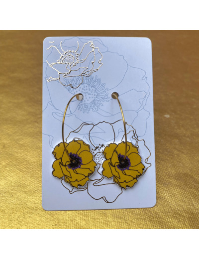 Boucles d'oreilles créoles anémone jaune moutarde pistils pailletés violets