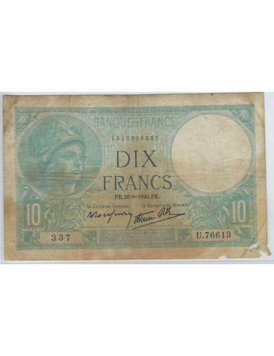 FRANCE 10 FRANCS MINERVE 26-9-1940 SERIE U.76613 TB-