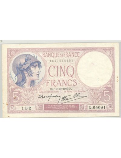 FRANCE 5 FRANCS VIOLET 19 10 1939 Q.64681 TTB