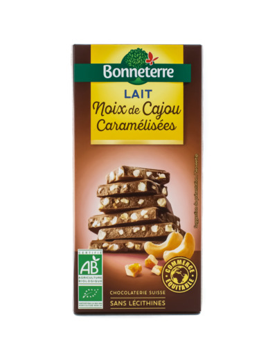 Tablette de Chocolat au Lait Noix de Cajou Caramélisées Bio 85g