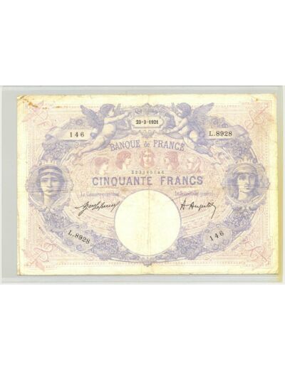 FRANCE 50 FRANCS BLEU ET ROSE 23 03 1921 SERIE L.8928 TB