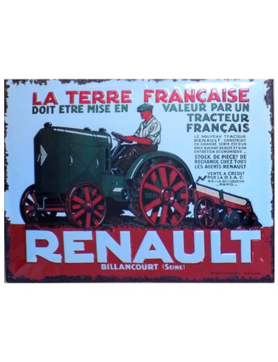 Plaque métal Tracteur RENAULT BILLANCOURT - 30x40cm - 15090RA