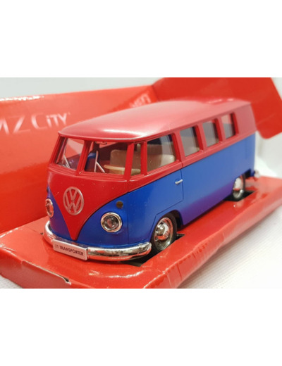 VOLKSWAGEN T1 TRANSPORTER ROUGE ET BLEU VOITURE A FRICTION 1/32 BOITE D'ORIGINE