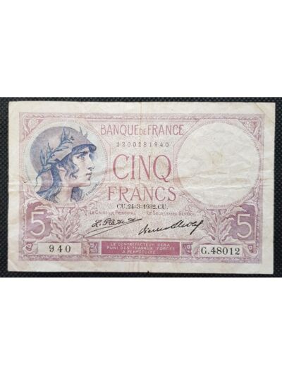 FRANCE 5 FRANCS VIOLET 24-3-1932 G.48012 TB+ F 03/16