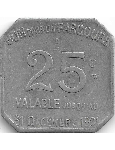 75 PARIS - PARIS 25 CENTIMES TRANSPORT EN COMMUN 1921 TTB