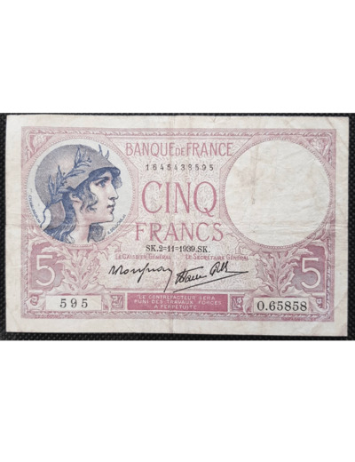 FRANCE 5 FRANCS VIOLET 2-11-1939 O.65858 TB+ F 04/14