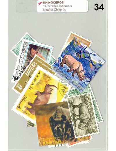 14 TIMBRES RHINOCEROS DIFFERENTS NEUF ET OBLITERES *34