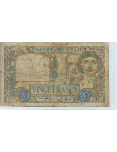 FRANCE 20 FRANCS SERIE H.1085 SCIENCE ET TRAVAIL 26 09 1940 TB