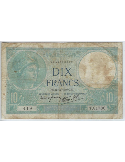 FRANCE 10 FRANCS MINERVE 12-12-1940 SERIE T.81780 TB