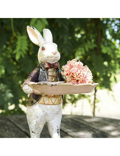 Lapin valet blanc plateau résine 17x14x30cm