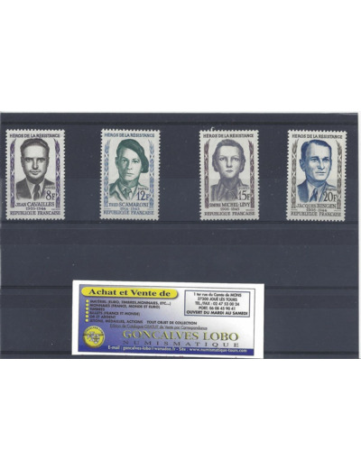 YVERT 1157 a 1160 HEROS DE LA RESISTANCE 1958 Serie 4 Timbres NEUF