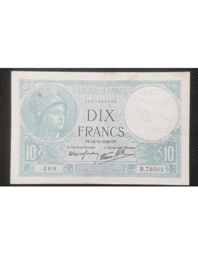 FRANCE 10 FRANCS MINERVE 14-11-1940 SERIE R.79503 308 TTB F 07/20