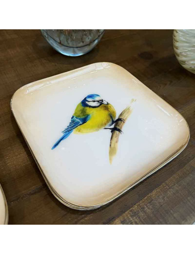 Plateau fer carré crème doré mésange bleue jaune 16x16cm