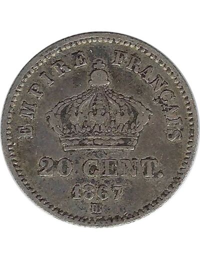 FRANCE 20 CENTIMES NAPOLEON III 1867 BB (Strasbourg) TB+ N2