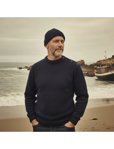 Pull marin breton 100 % laine vierge – coupe traditionnelle 4 boutons.