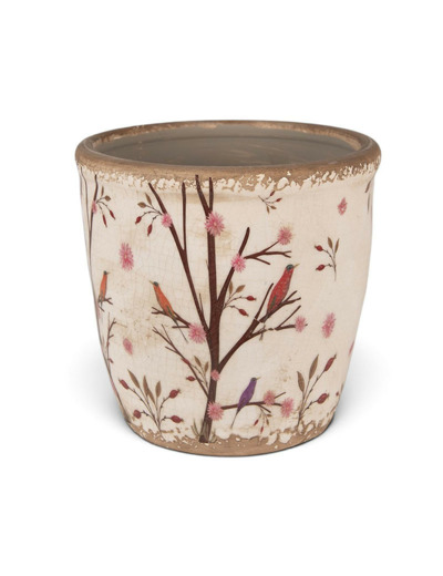 Pot de fleurs d'intérieur beige et marron en céramique motifs branches 16x16cm