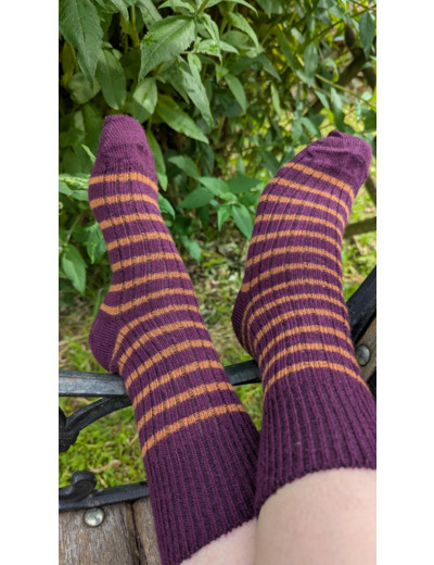 Chaussettes CHILL - 80% mohair / Rayée Prune & Terra cota