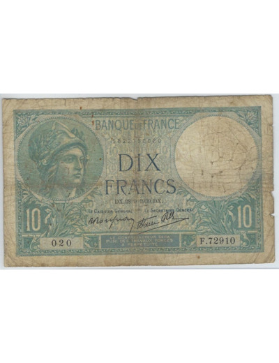 FRANCE 10 FRANCS MINERVE 28-9-1939 SERIE F.72910 TB