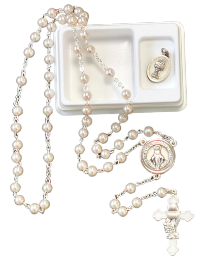 Coffret COMMUNION Chapelet argenté - Coeur V. Miraculeuse
