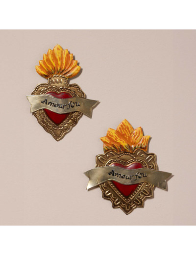 Ensemble de 2 Ex-voto Cœurs Enflammés Amour Feu 12x14cm