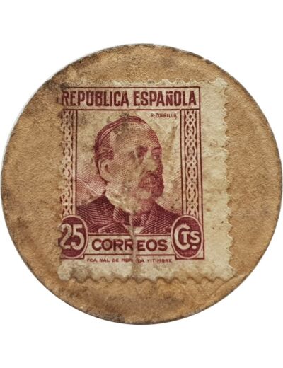 TIMBRE MONNAIE - ESPAGNE - 25 CENTIMOS BORDEAUX LUIS ZORRILLA (1938) TTB- N2