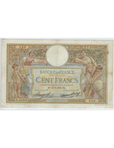 FRANCE 100 FRANCS MERSON SANS LOM SERIE U.41035 22-6-1933 TTB