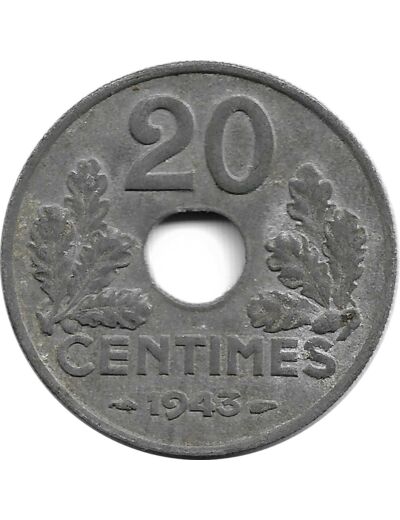 FRANCE 20 CENTIMES TYPE 20 1943 TTB+