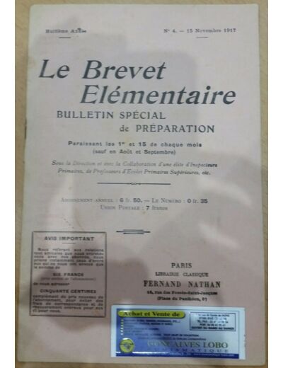 LE BREVET ELEMENTAIRE 15 NOVEMBRE 1917