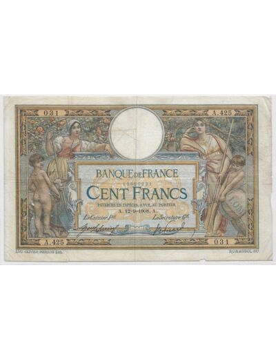 FRANCE 100 FRANCS L.O.M AVEC LOM SERIE A.425 12-9-1908 TB+