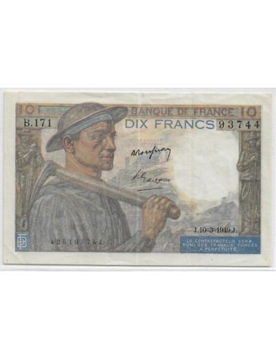 FRANCE 10 FRANCS MINEUR SERIE B.171 10-3-1949 SUP