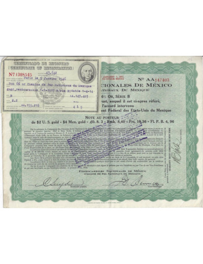 Ferrocarriles Nacionales de Mexico $2 US GOLD DOLLARS 1914 avec 7 coupons