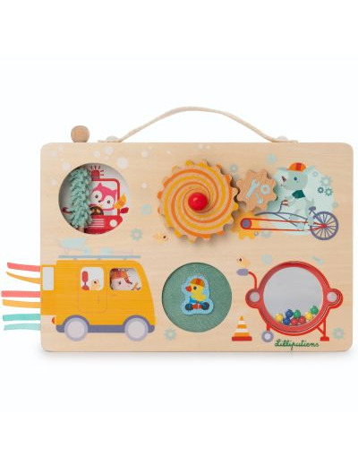 LILLIPUTIENS - Panneau d'Activité Thème véhicules -Jouet d’éveil Multi-activités pour bébé - Valisette Pratique à Transporter