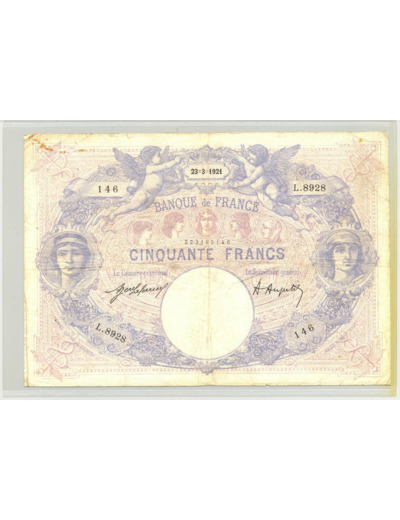 FRANCE 50 FRANCS BLEU ET ROSE 23 03 1921 SERIE L.8928 TB