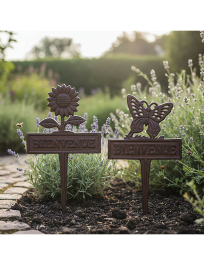 Ensemble 2 piques de jardin Bienvenue fonte  19x30cm