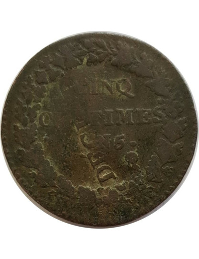 FRANCE 5 CENTIMES DUPRE SURFRAPPE DU DECIME AN 5 (I) TB 9gr19