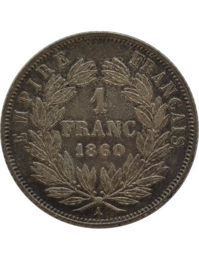 FRANCE 1 FRANC NAPOLEON III tête nue 1860 A (Paris) SUP (G460)